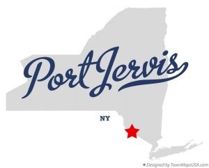 map of New York state has a red star at the location of Port Jervis near intersection of Pennsylvania, New York, and extreme northwest corner of New Jersey
